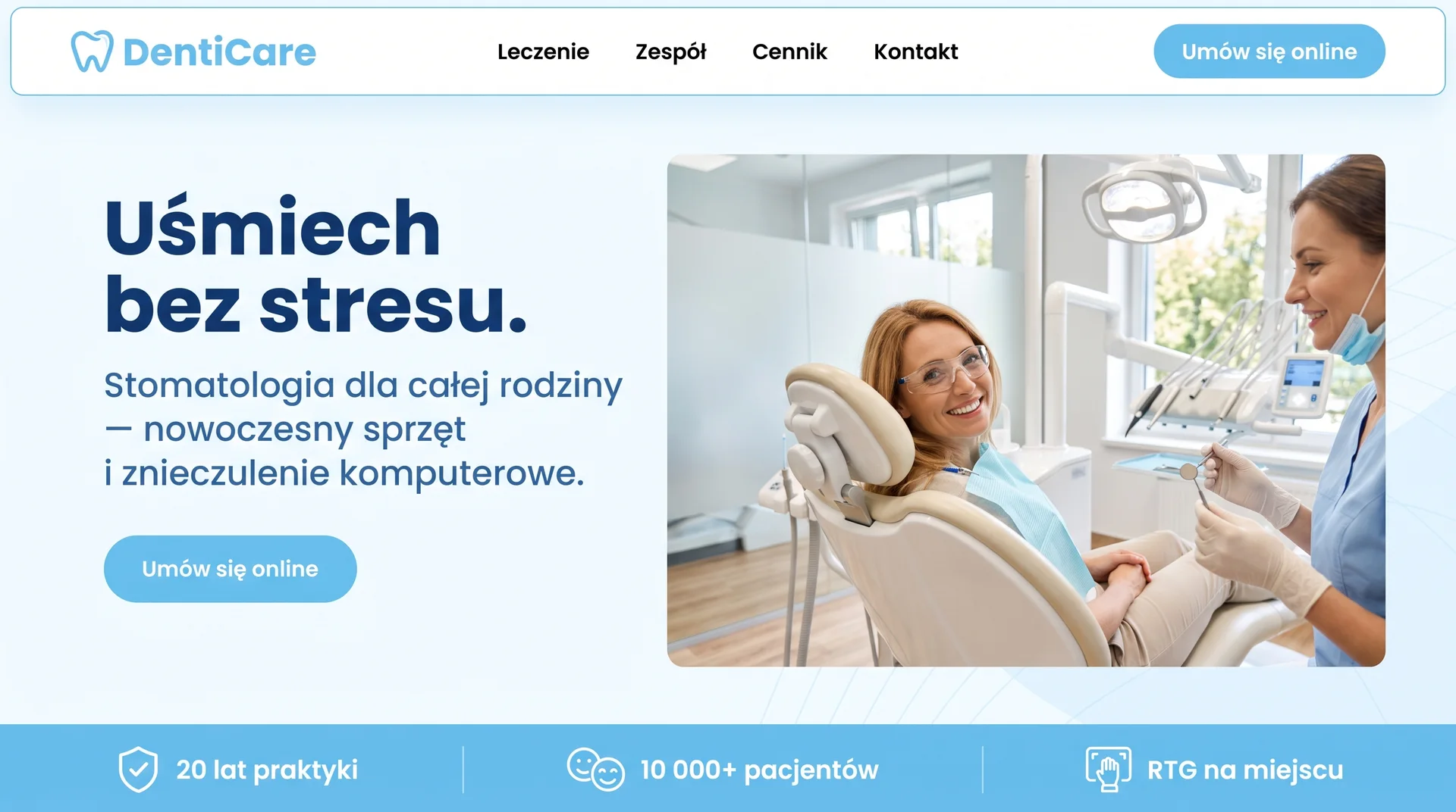 DentiCare — klinika stomatologiczna, jasne hero z uśmiechniętą pacjentką
