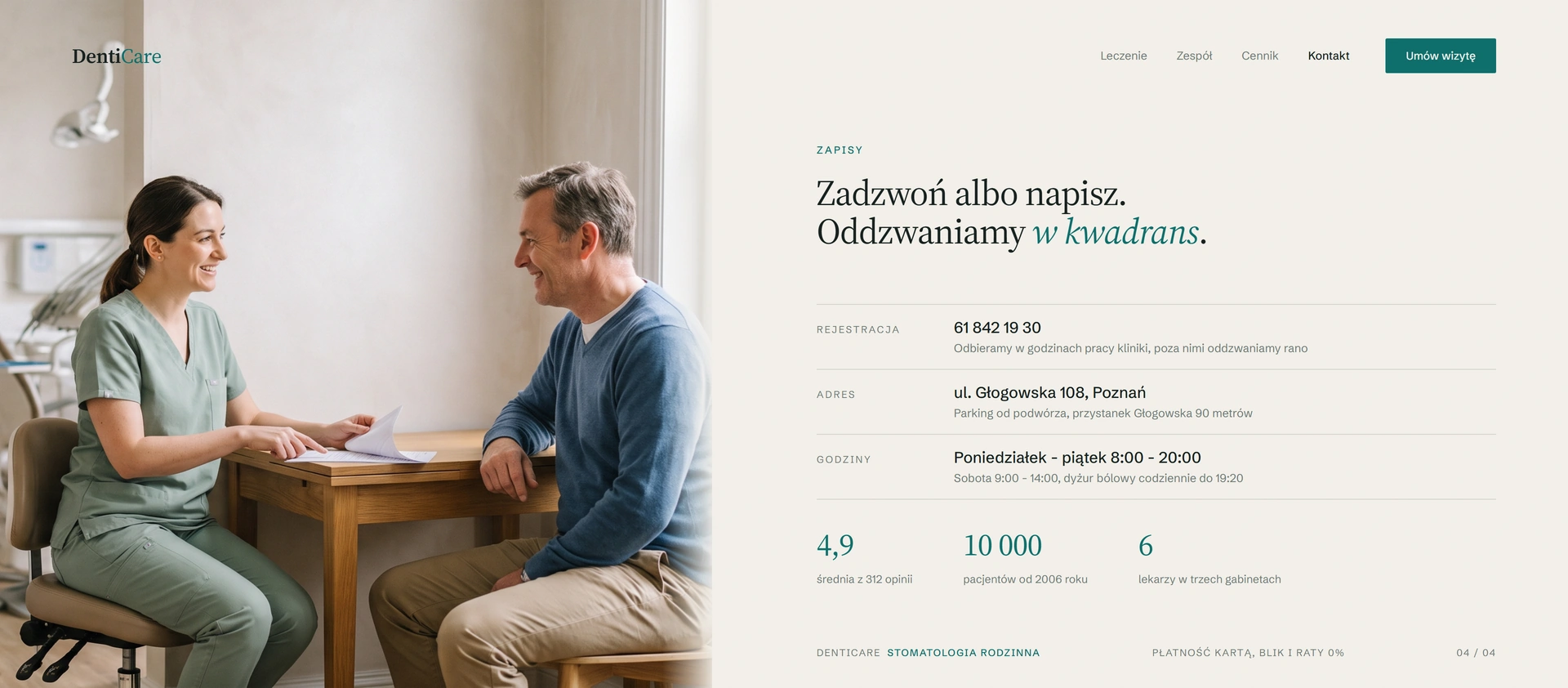 DentiCare - zapisy: rozmowa przy biurku, telefon, adres, godziny i opinie pacjentów