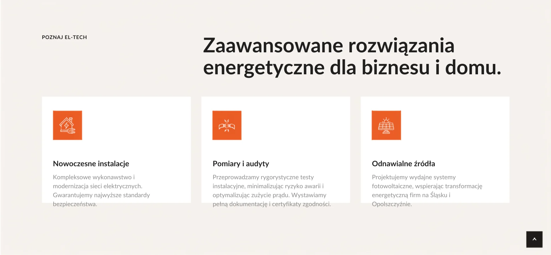 EL-Tech — sekcja oferty: nowoczesne instalacje, pomiary i audyty, odnawialne źródła