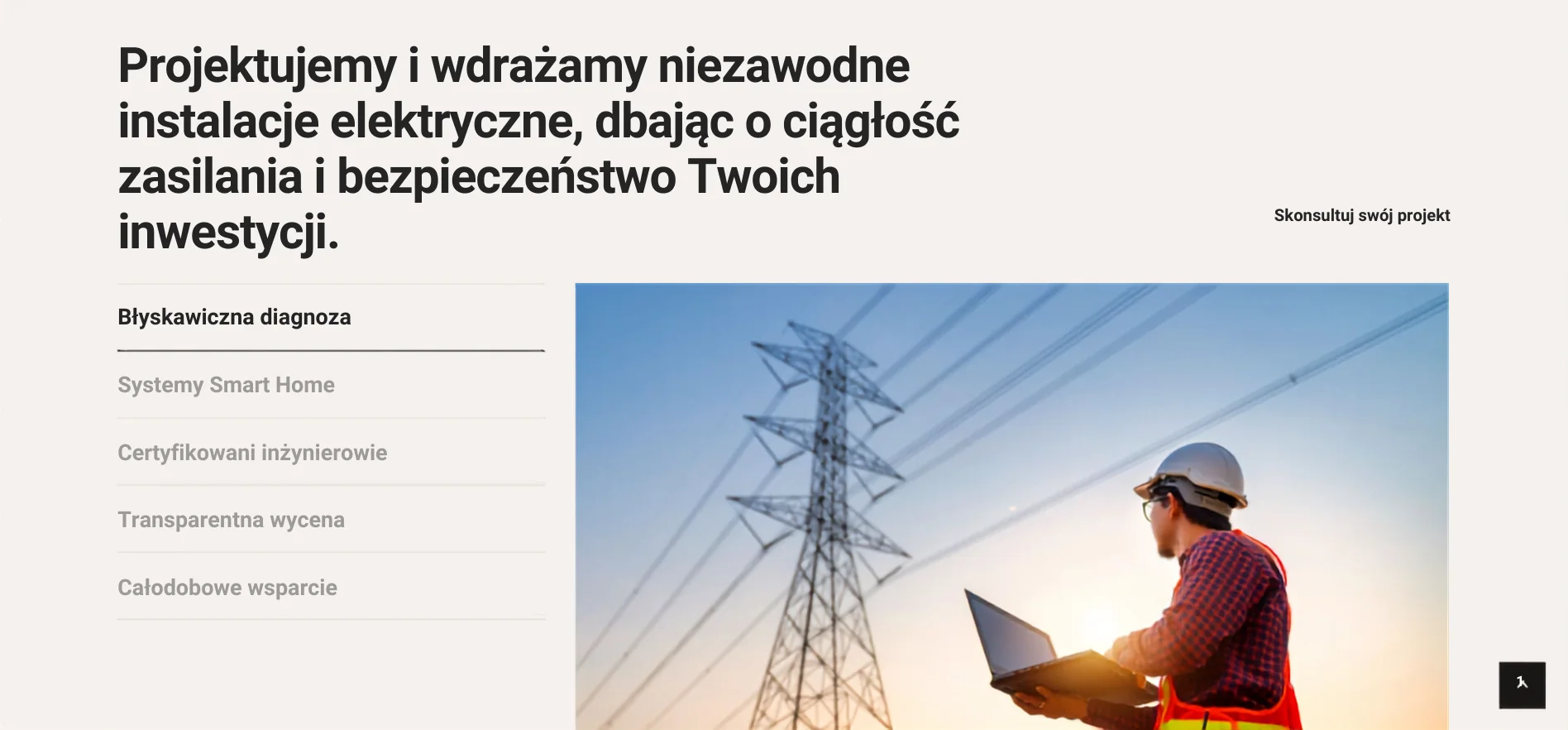 EL-Tech — sekcja o niezawodnych instalacjach z listą atutów i zdjęciem słupa energetycznego
