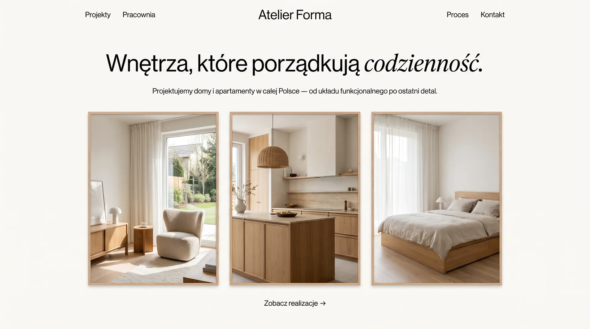 Atelier Forma — pracownia architektury wnętrz, hero-tryptyk trzech wnętrz pod centralnym tytułem