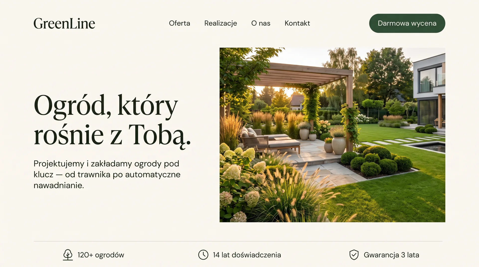 GreenLine — projektowanie ogrodów, hero z nowoczesnym ogrodem i patio