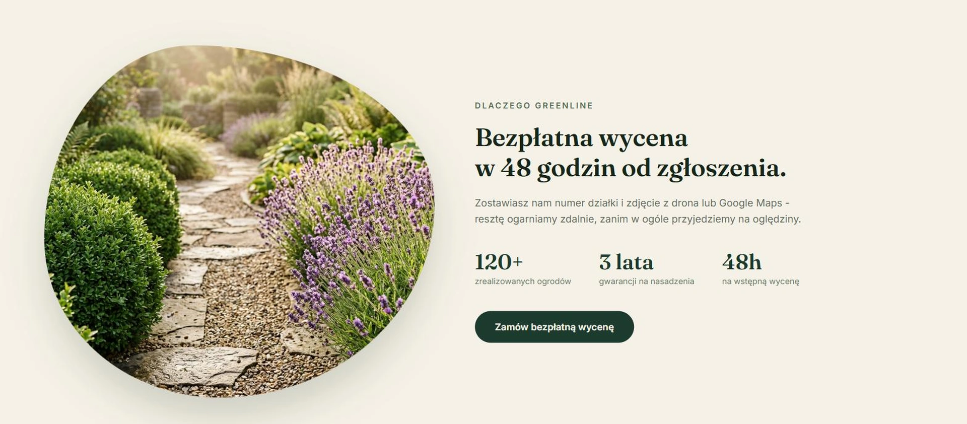 GreenLine - sekcja wyceny z detalem ogrodowej ścieżki i statystykami zaufania