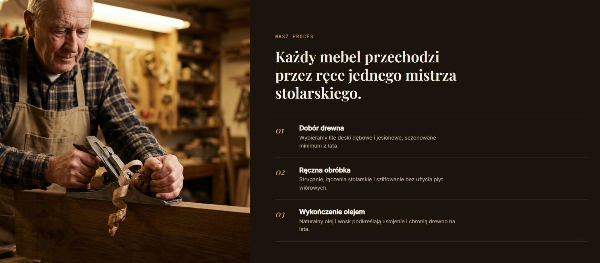 Kruk & Syn - proces rzemieślniczy: dobór drewna, ręczna obróbka, wykończenie olejem