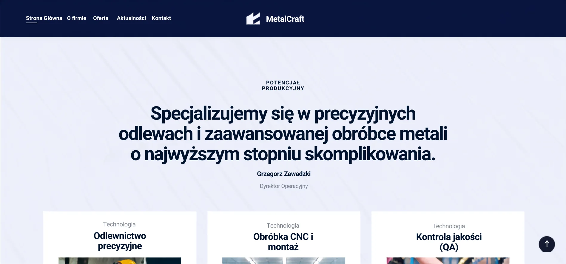 MetalCraft — sekcja potencjału produkcyjnego z cytatem dyrektora i kartami technologii
