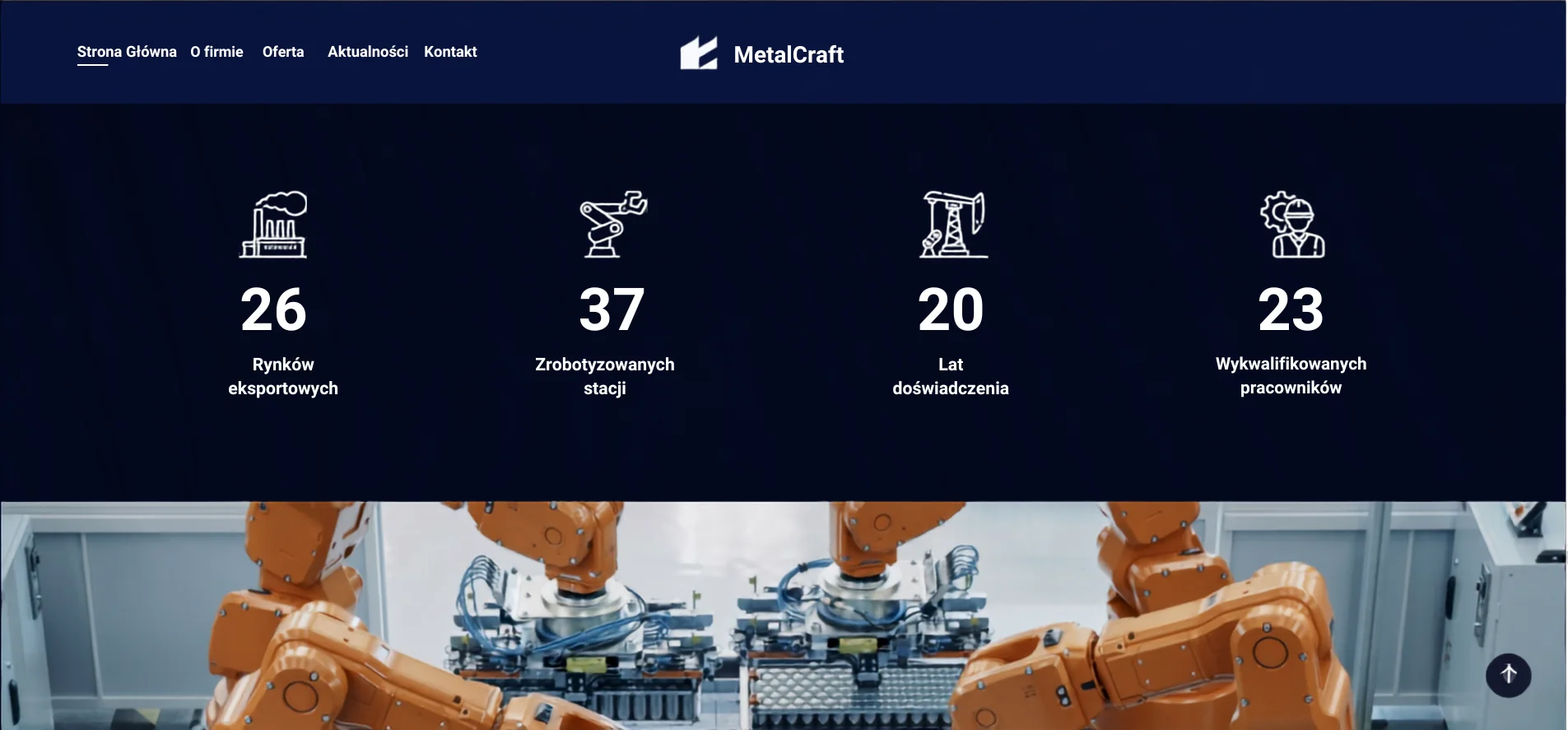 MetalCraft — statystyki eksportowe nad zdjęciem zrobotyzowanej linii montażowej