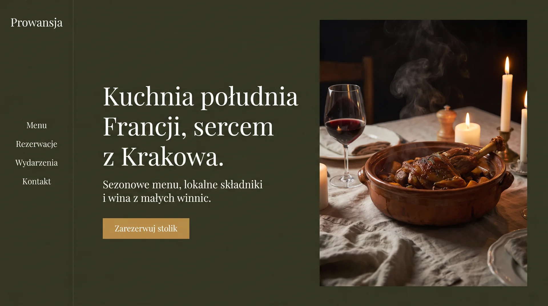 Prowansja — restauracja, wieczorne hero z pionową nawigacją i daniem przy świecach