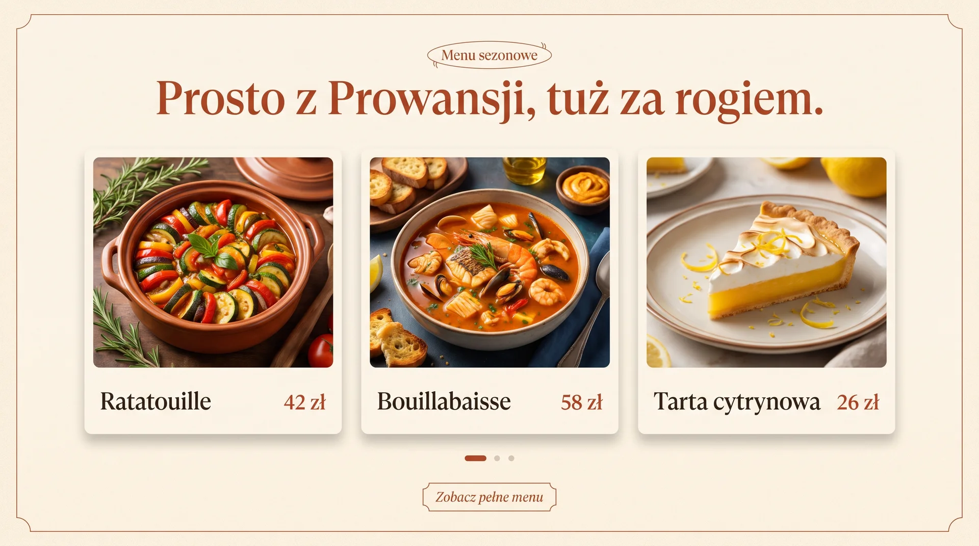 Prowansja — sekcja menu sezonowego z trzema daniami