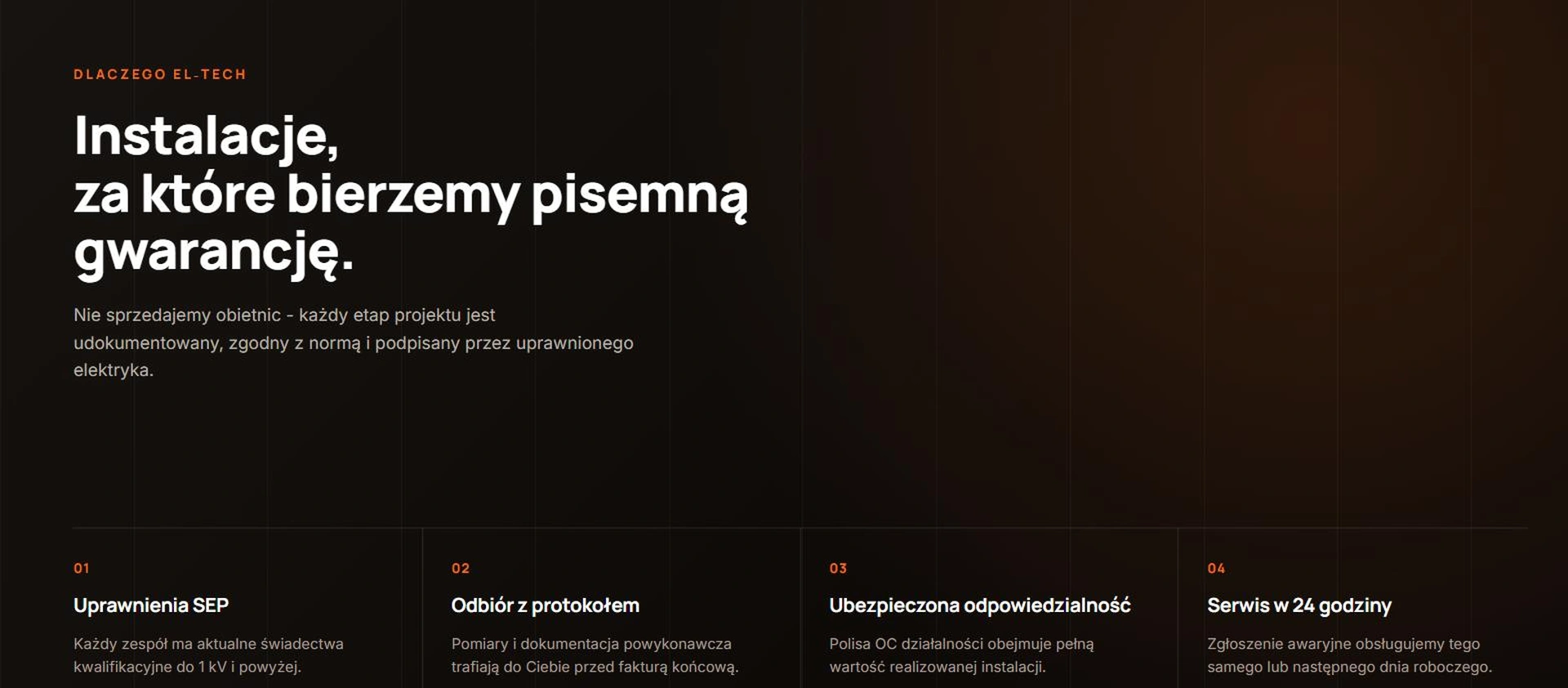 EL-Tech przed przebudową - ciemna sekcja z czterema równymi kartami i ogólnymi hasłami o gwarancji