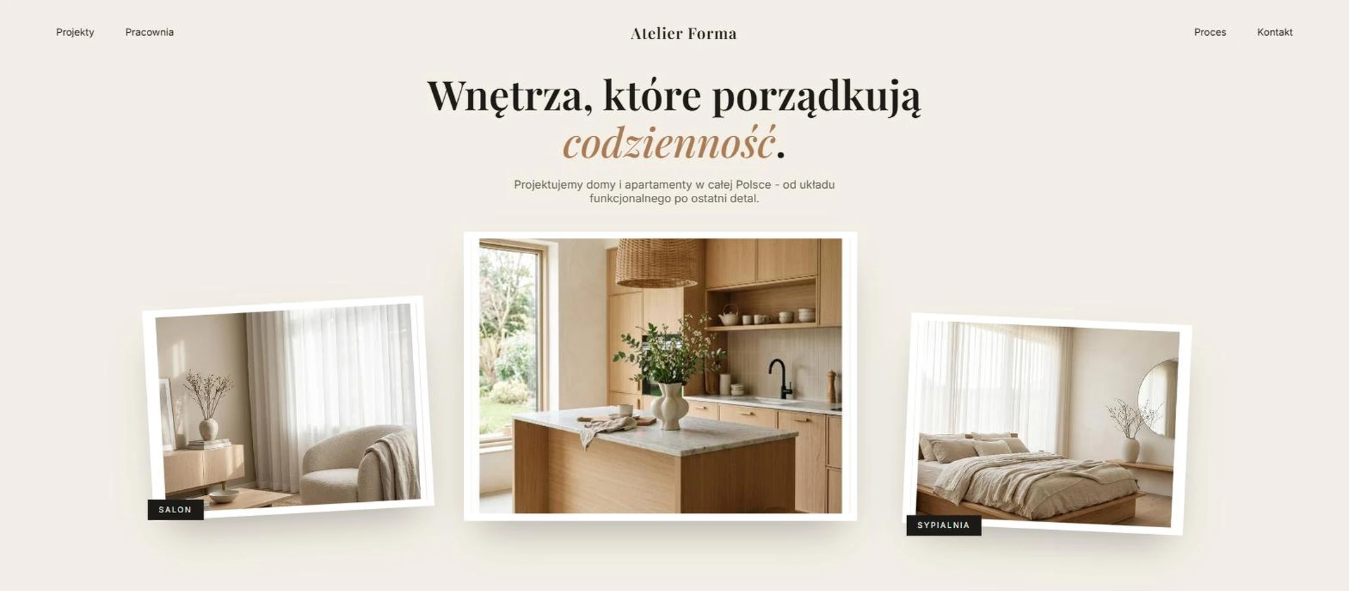 Atelier Forma przed przebudową - jasny układ z trzema zdjęciami wnętrz rozrzuconymi jak polaroidy