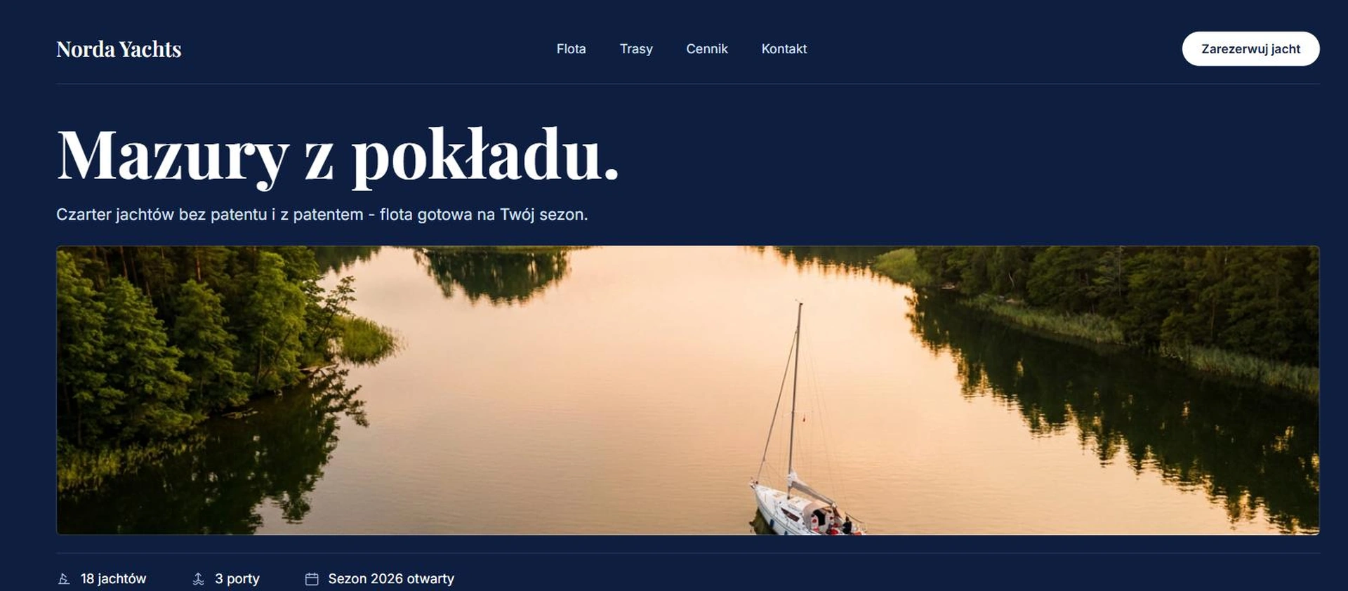 Norda Yachts przed przebudową - granatowy nagłówek z hasłem i wklejonym poniżej zdjęciem jeziora